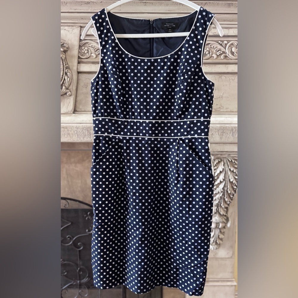 Navy Blue And White Polka Dot Sleeveless Dress Sheath Size 8 Petite